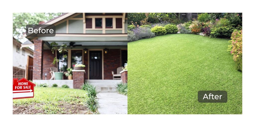 Before and after artificial turf transformation showing improved curb appeal for a Dallas home.