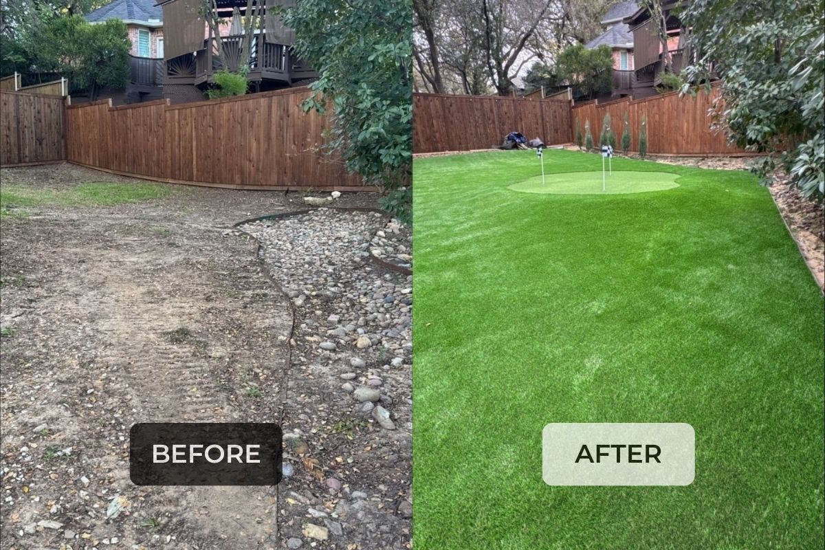 Artificial turf drainage DFW backyard before and after installation showing improved drainage and appearanceArtificial turf drainage DFW backyard before and after installation showing improved drainage and appearance