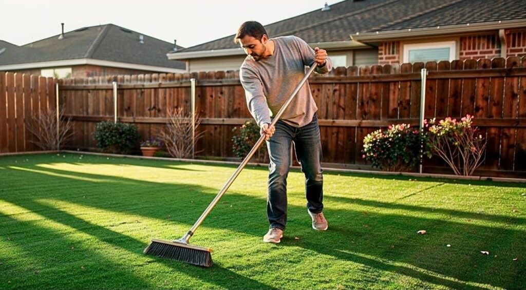 Homeowner brushing artificial turf lawn in a DFW backyard during winter sunlight.