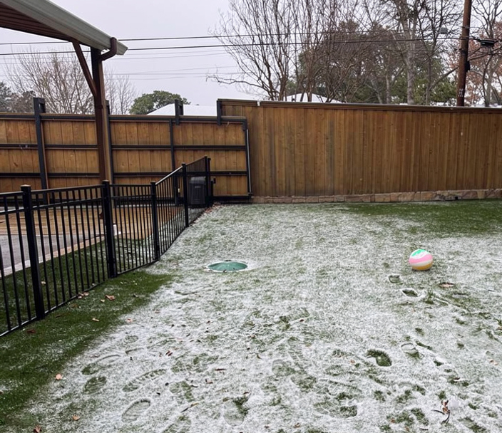 Artificial turf backyard with light frost on a December morning in DFW