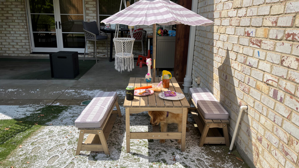 Dog in DFW backyard as snow melts on artificial turf