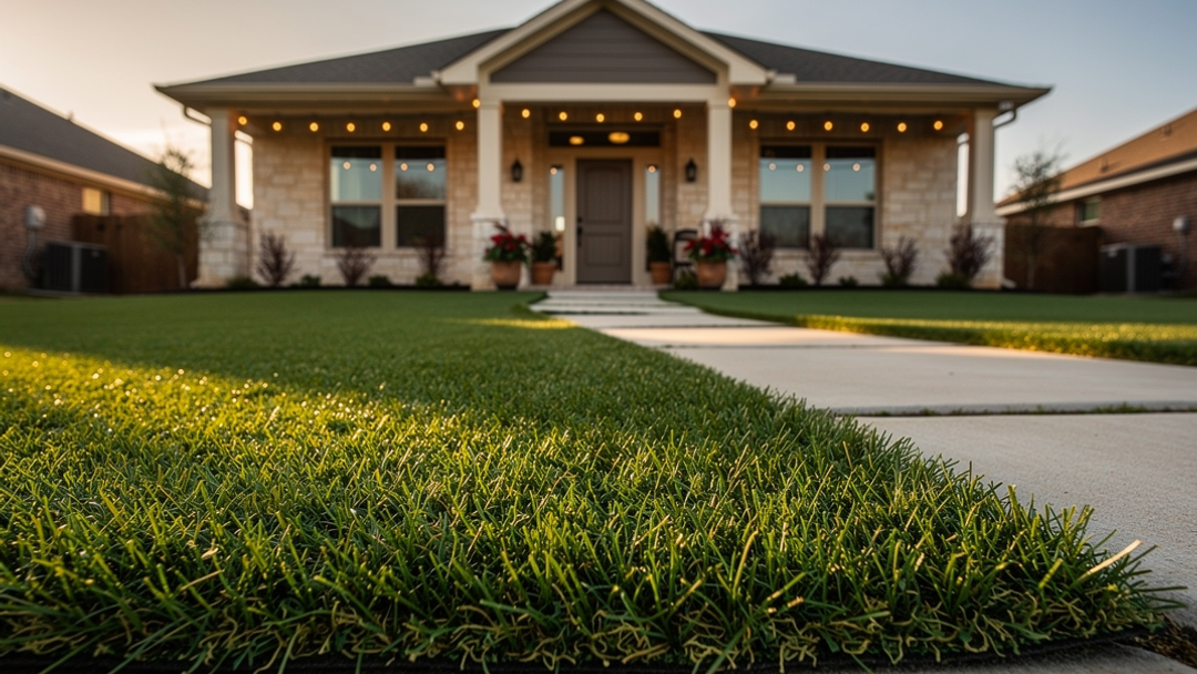 Artificial turf front yard in a DFW neighborhood looking clean and green during winter.